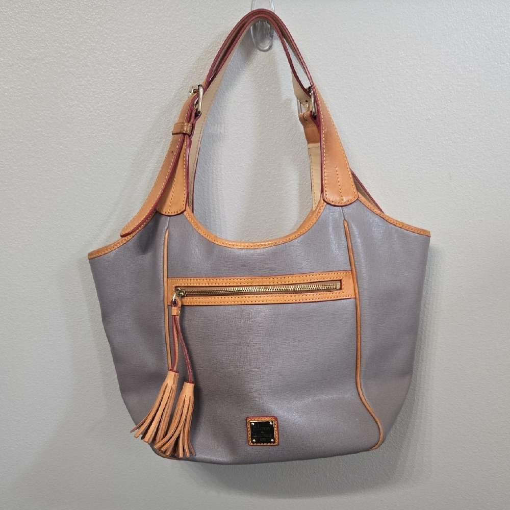Dooney & Bourke Gray and Tan Shoulder Bag with Leather Trim
